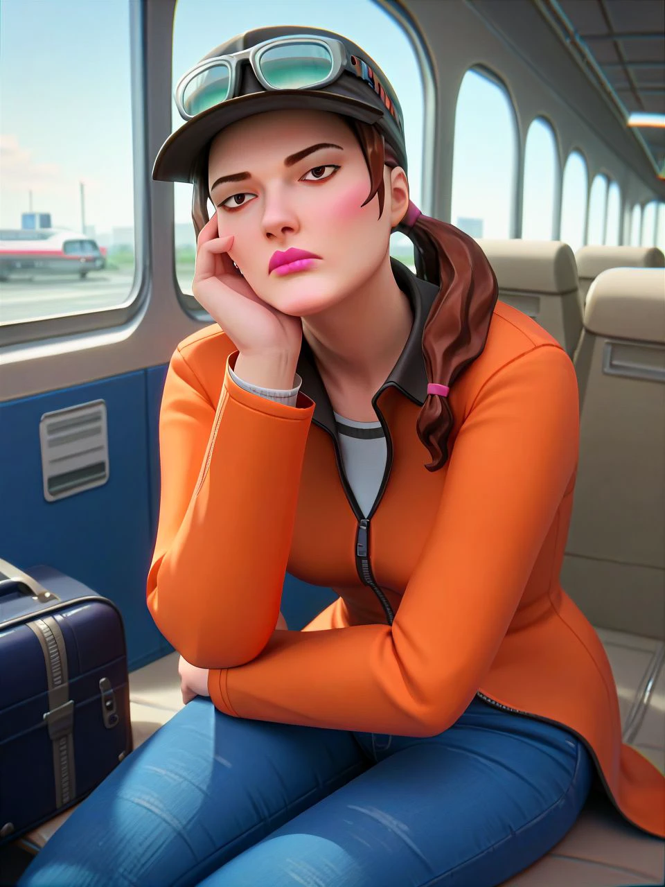 score_9, score_8_up, score_7_up, score_6_up, score_5_up, score_4_up, BREAK <lora:Checkpik_style:0.8><lora:pitgirlMNC_PDXL:1.0> pitgirlmnc, low short pigtails, brown hair, brown eyes, pink lips, hat, bored expression, hand against cheek, puffy coat, jeans, sitting, waiting at an airport terminal, luggage, window, airport runway,