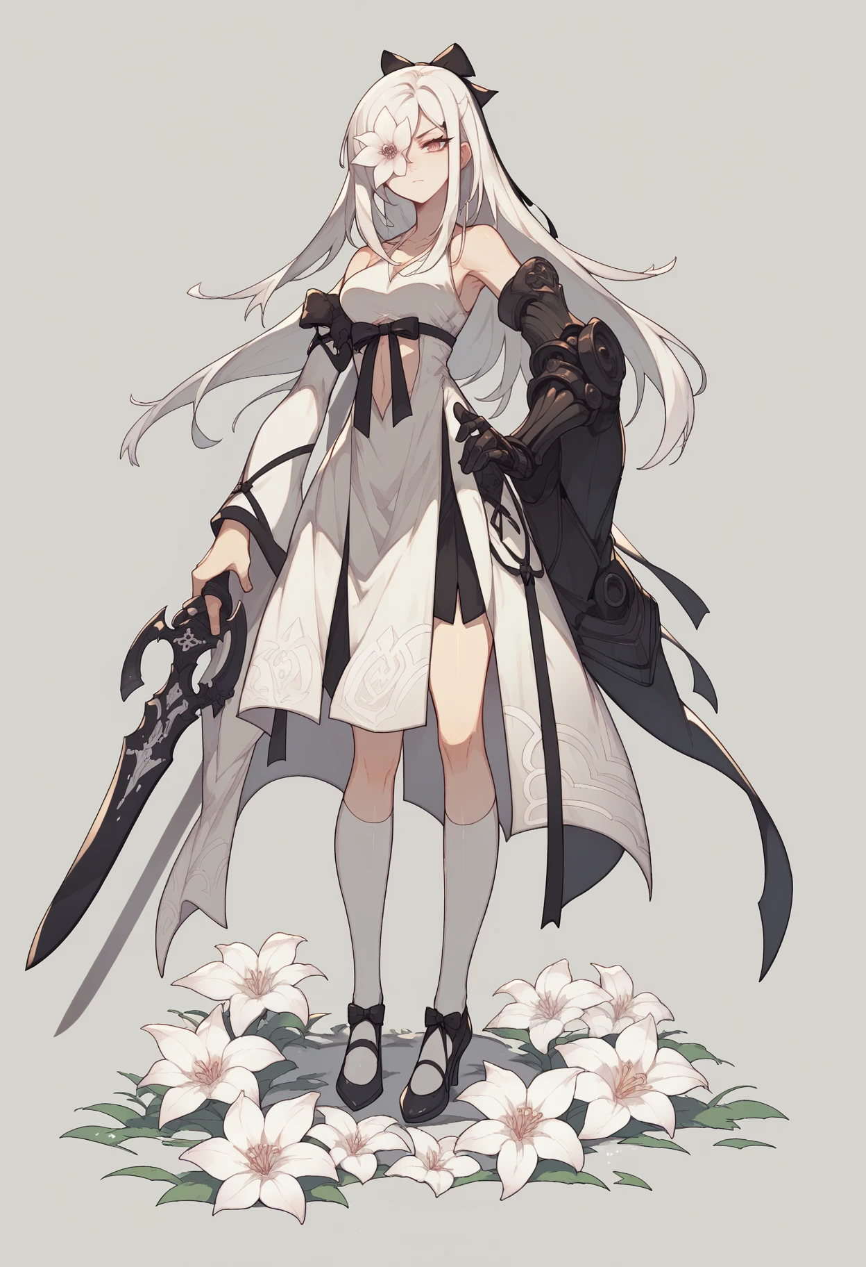 score_9, score_8_up, score_7_up,  1girl, RythZeroPony, standing, full body, bow dress, black bow, hair ribbon, prosthetic arm, sleeves, looking at viewer, hand on hip, holding sword, kneehighs, black heels, flower over eye, <lora:ZeroDrakengardPony-103:1>