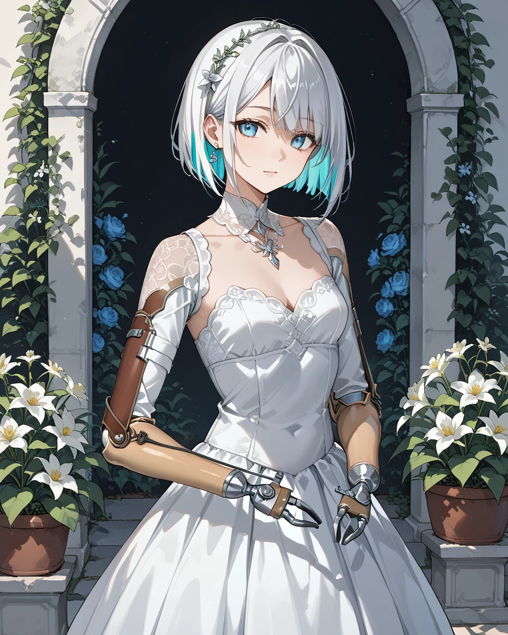 score_9, score_8_up, score_7_up, score_6_up, score_5_up, score_4_up, source_anime, very aesthetic, best quality, masterpiece, absurdres, (rating_safe)
break
1girl, solo, Bride Dress, colored inner hair, bob cut, white hair, Beautiful, melancholy
medium breasts
Girlish gestures, looking to the side
flower Garden, dark
<lora:prosthetic_arm_x:1> prosthetic_arm_x, mechanical arm, prosthetic, face
Fantastic Aesthetic, Fancy, girly style
three-quarter portrait
break
from front