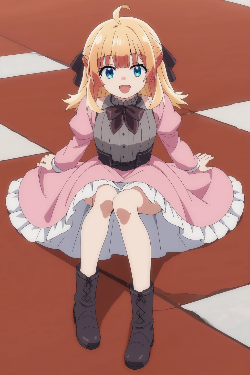 score_9,score_8_up,score_7_up, source_anime, anime screencap, 1girl, <lora:Lysia_Plaid_PonyXL_v2:1>, ahoge, long hair, blonde hair, hair bow, bangs, blue eyes,
pink dress, frilled dress, bow, long sleeves, juliet sleeves, bare legs, boots,
looking at viewer, smile, open mouth, full body,