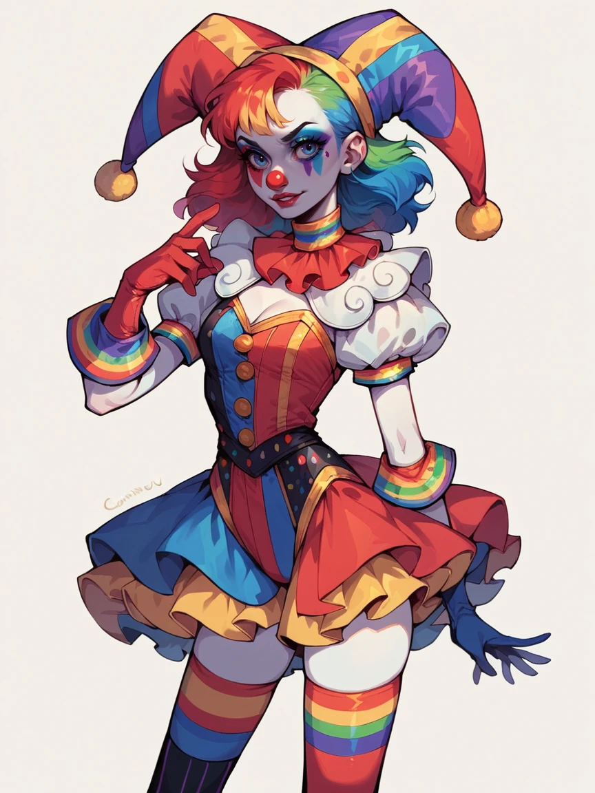 score_9, score_8_up, score_7_up, score_6_up, 1girl, <lora:c1rcus2XLP:0.6> c1rcus, clown, multicolored hair, thighhighs, gloves, makeup, striped, jester cap