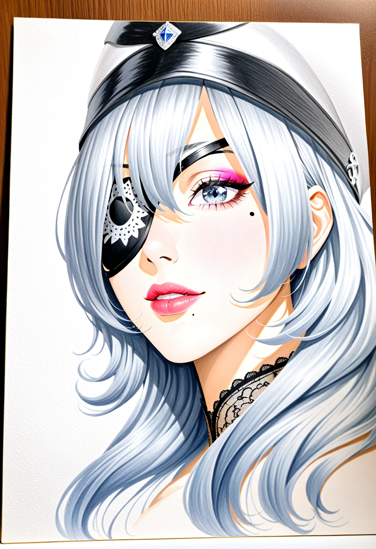 1girl,
photo \(medium\), graphite \(medium\), hat, white background, lips, eyepatch, mole, portrait, mole above mouth, makeup, lipstick, mixed media, long hair, solo, traditional media, profile, one-eyed,
masterpiece, best quality, newest, safe