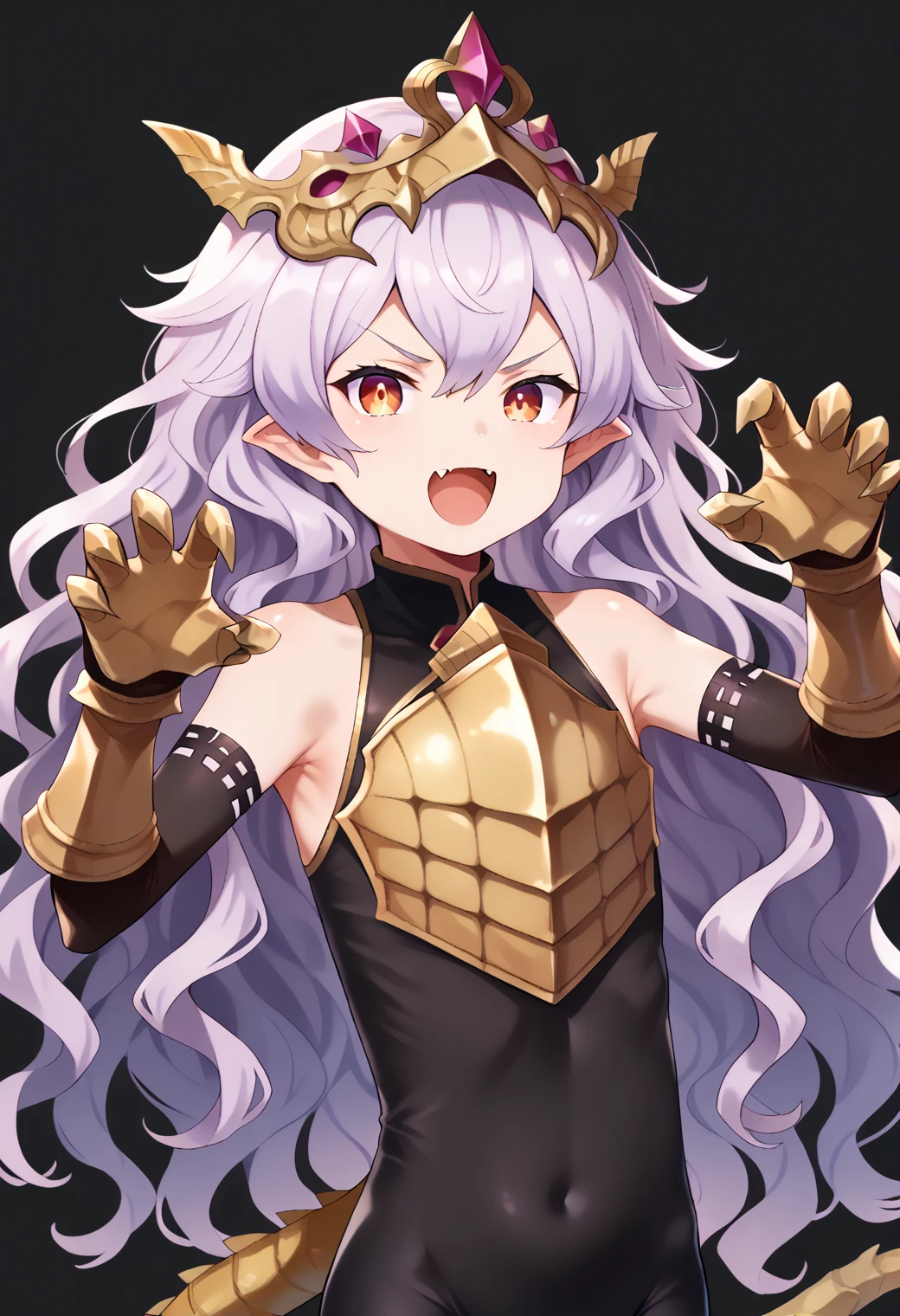 score_9, score_8_up, score_7_up, utsusumi_kio_style, simple background, dark background,
(masterpiece, best quality), fcDetailPortrait, solo, 1girl, medusabase, wavy hair, sidelocks, flat chest,
medusadef, headpiece, black bodysuit, bodysuit, bare shoulders, breastplate, armor, gloves, elbow gloves, gauntlets, tail,
looking at viewer, open mouth, skin fang,
claw pose,