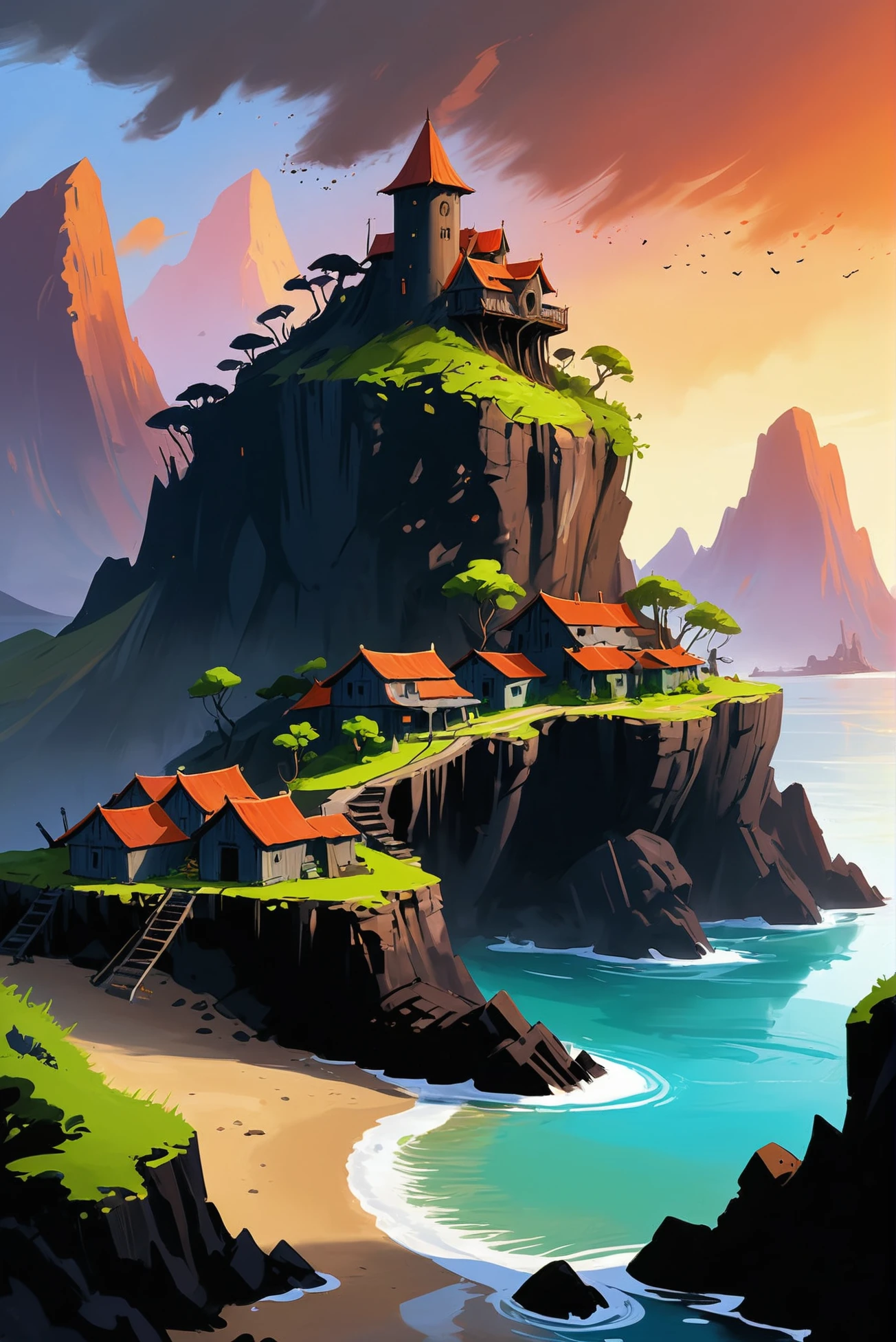 rough brushy digital painting, sketch, magical,beautiful fantasy settlement in a Volcanic Island<lora:EnvyStarlightDigitalPainting03:1>