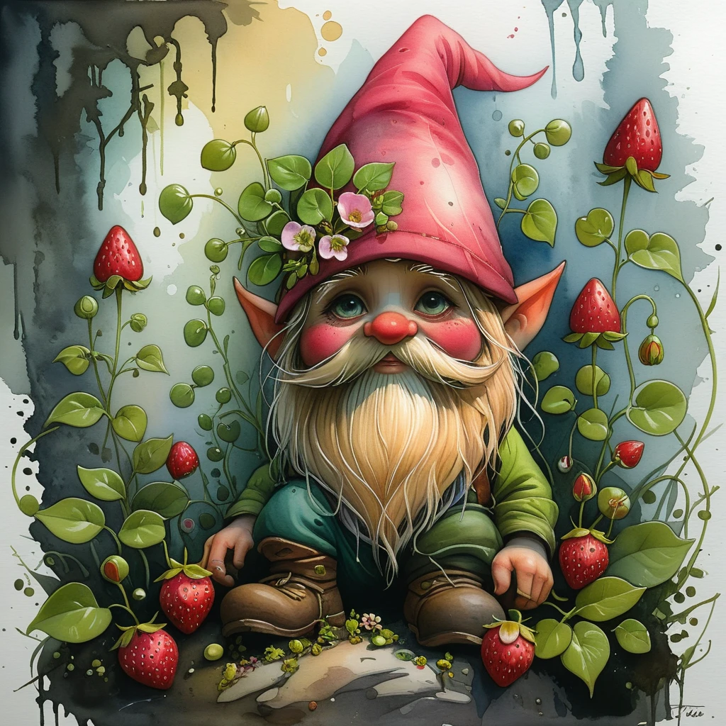 <lora:artfullyONEHUNDRED_SDXL_V1:1>, art100th,(((garden gnome))), cottage core, viking lore, recovery, watercolor, monet, strawberries and pea tendrils, sugar snap peas and bleeding heart