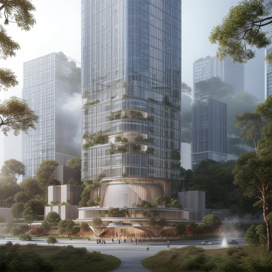 close up shot photo a facade of futuristic tower, architect rendering, organic form, mist, early morning, forest background, lava style, chris Bosses, 4k, detail
