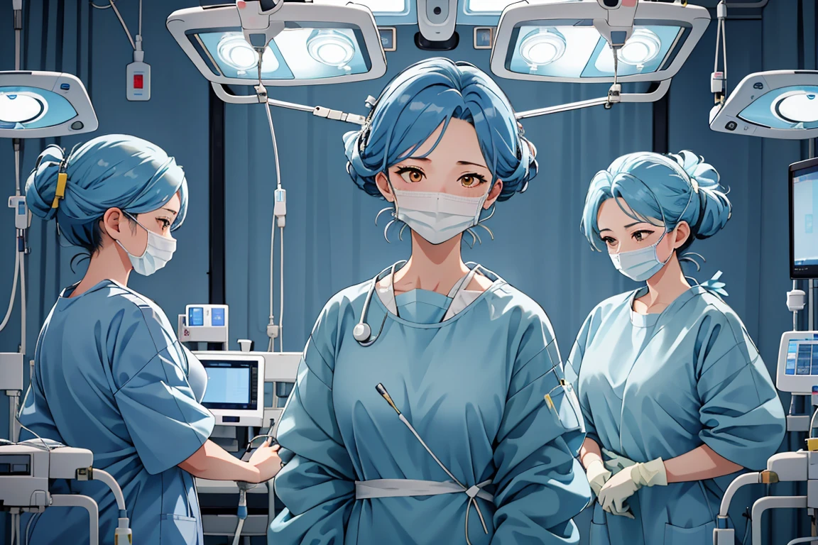 (RAW photo, best quality), operating room, overhead surgical light,blurred background, focused, dithering,backlighting,
 <lora:Mitsuwa_Shirai_V1.0-000005:0.58> mitsuwa shirai, 1girl, solo, mature female,blue hair,yellow eyes,
 <lora:surgical_Op_Scene_V1.0:0.8> surgical_examination_scene, multiple girls, intravenous drip, hospital gown, surgical mask,