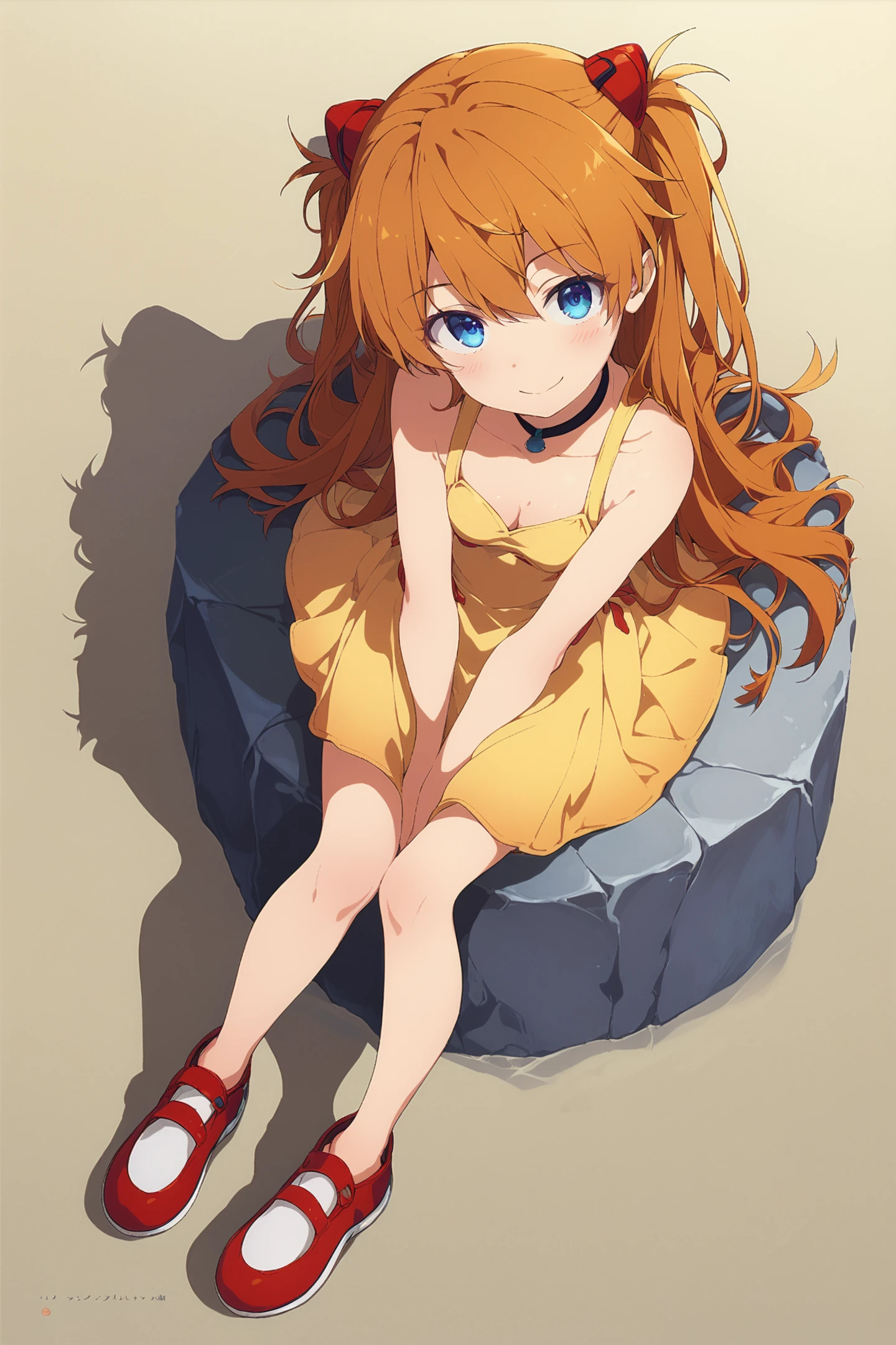 score_9,score_8_up,score_7_up,masterpiece,best quality,very aesthetic,absurdres,official art,official style,
1girl,souryuu asuka langley,yellow dress,dress,solo,shadow,long hair,blue eyes,breasts,gradient,orange hair,gradient background,smile,choker,sitting,shoes,bangs,full body,cleavage,looking at viewer,small breasts,bare shoulders,from above,two side up,yellow background,v arms,light smile,sleeveless,hair ornament,closed mouth,sleeveless dress,
<lora:è»pote_XL_PONY:0.8>,