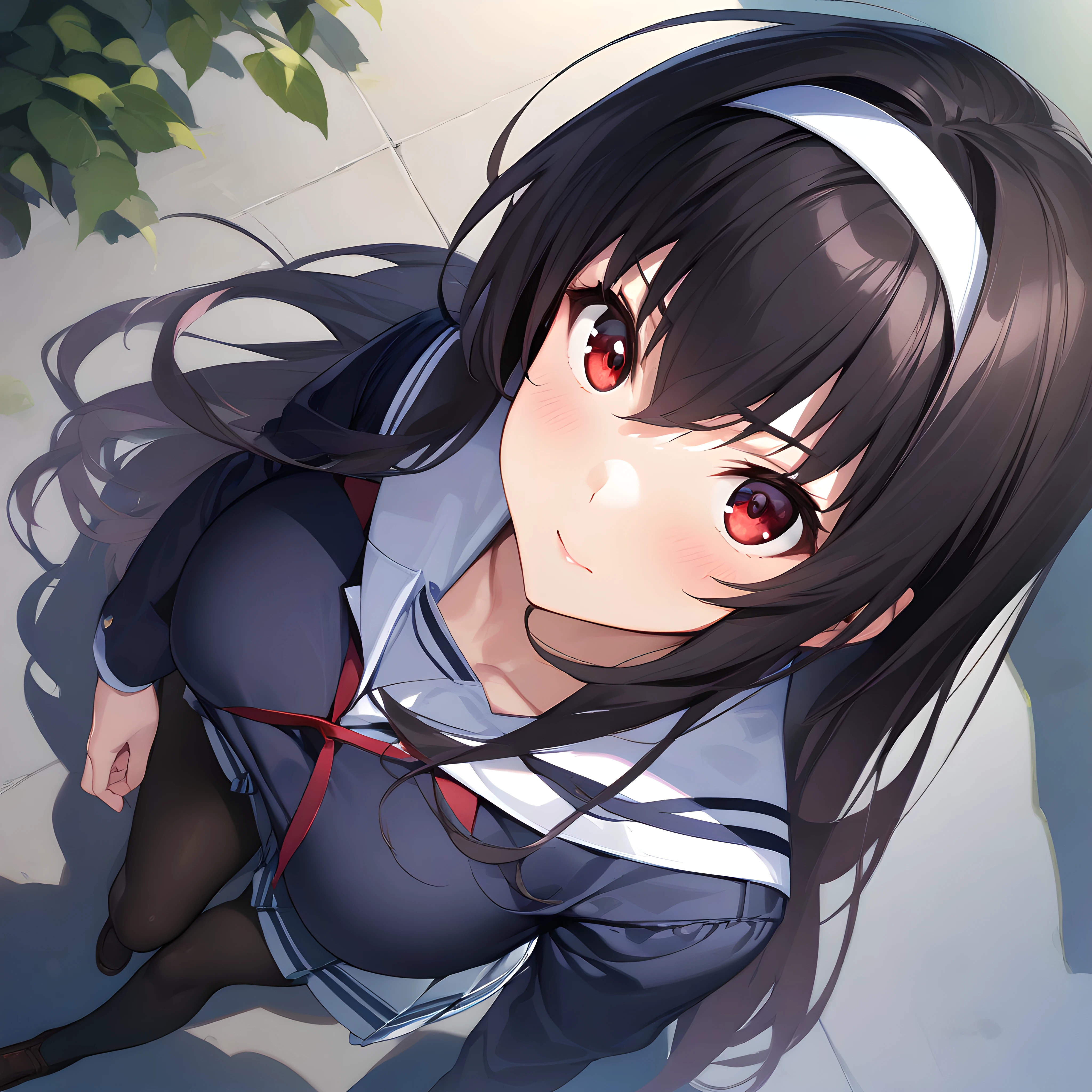 (masterpiece),(best quality),(ultra-detailed),(best illustration),(best shadow),(absurdres),(detailed background),(very aesthetic), 1girl, solo,  kasumigaoka utaha, black hair, hairband, red eyes, long eyes, breasts, school uniform, pleated skirt, black pantyhose, from above, <lora:XL-KasumigaokaUtahav1:1>