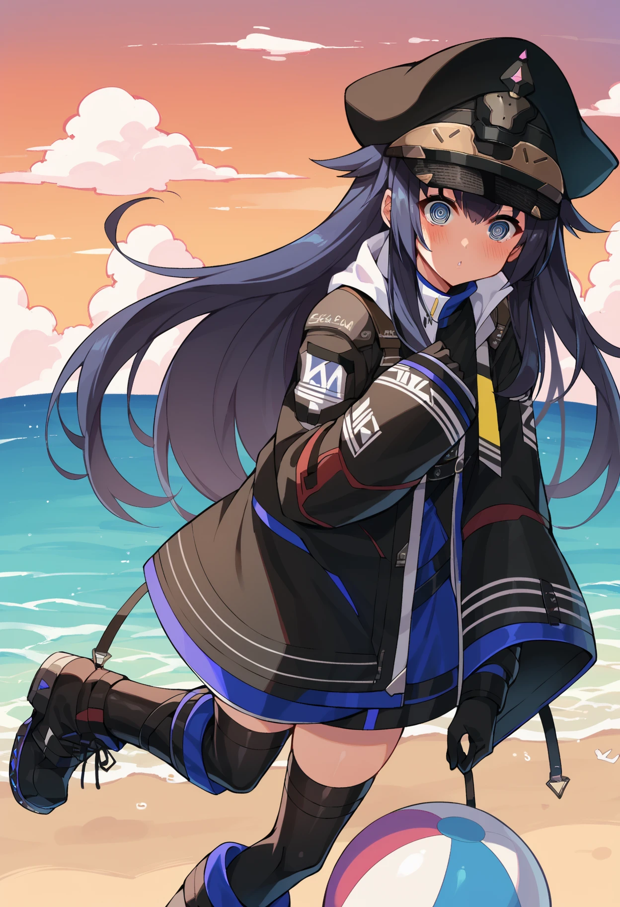 score_9, score_8_up, score_7_up, uncensored, source_anime, 1girl, <lora:spkarinXLPony-000003:1> karindef, peaked cap, black headwear, black jacket, sleeves past wrists, boots, black thighhighs, spiral eyes, @ @, ball, beach, beachball, blue sky, cloud, day, ocean, outdoors, sky, blush, hand up, holding, looking at another, looking at viewer, parted lips, solo, bashful