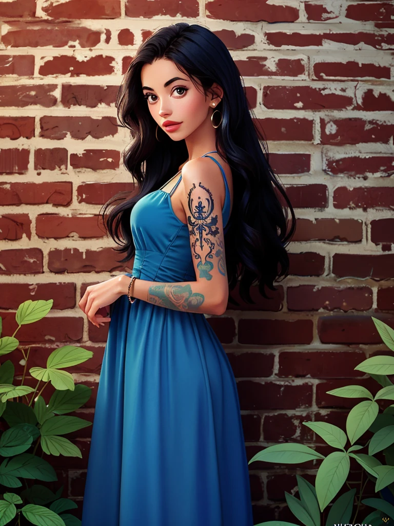 Realistic photo of a beautiful 4ny4s woman,1girl, solo, long hair, looking at viewer, black hair, dress, jewelry, bracelet, lips, tattoo, blue dress, plant, realistic, brick wall, professional Photography, Photorealistic, detailed, RAW, analog, sharp focus, high quality, film grain, masterpiece<lora:4ny4s:1.0>