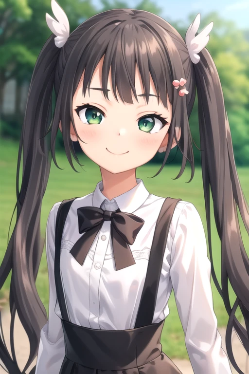 ((masterpiece)),(best quality),official art,extremely delicate and beautiful,extremely detailed CG,unity 8k wallpaper,ultra detailed,beautiful detailed eyes,extremely detailed face,outdoors,1girl,solo,upper body,(portrait:1.5),looking at viewer,facing viewer,smile,(petite:1.2),Komari Azuma,very long hair,black hair,twintails,hair flower,white flower,wing hair ornament,hairclip,sidelocks,blunt bangs,green eyes,school uniform,white sailor collar,black bowtie,white shirt,long sleeves,small breasts,animal bag,miniskirt,black skirt,suspender skirt,frilled skirt,white socks,frilled socks,mary janes,black footwear,<lora:Komari Azuma(sdg2):0.8>,