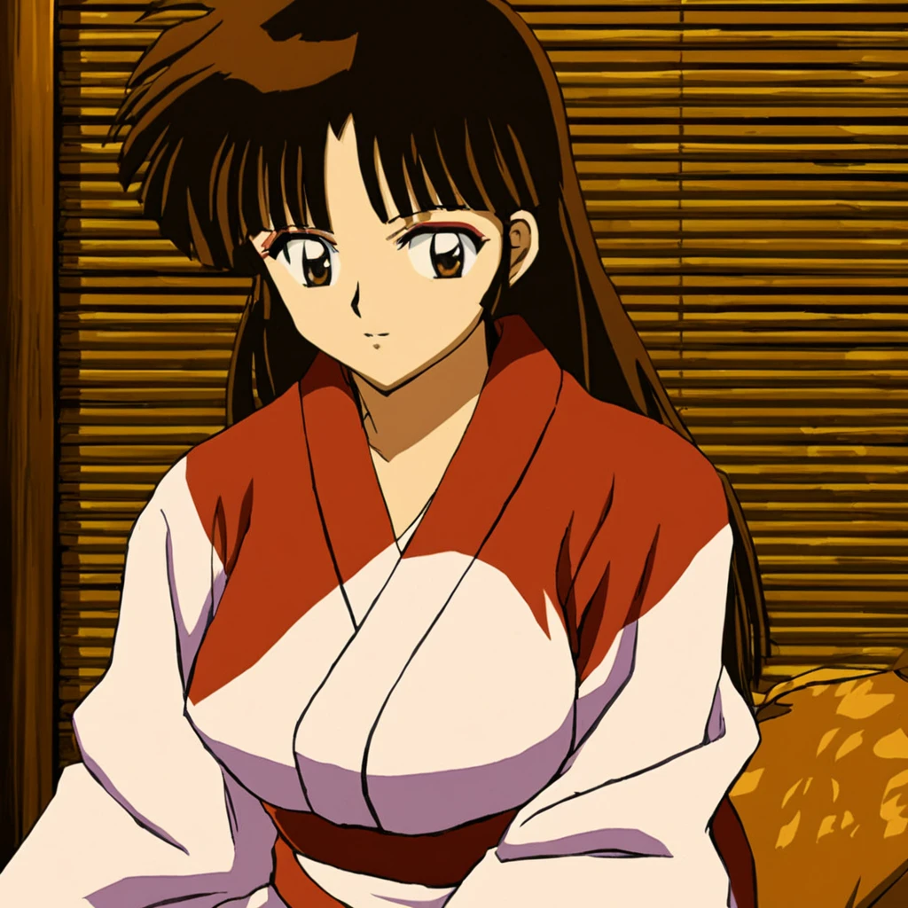 <lora:SangoA:1> 1girl, solo, long hair, brown hair, brown eyes, bangs, makeup, room, kinomo, japanese clothes, sitting down, looking at viewer, 1990s (style), retro artstyle, anime coloring