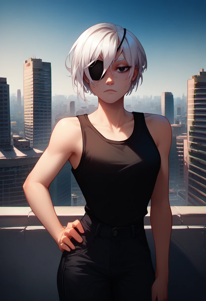 score_9, score_8_up, score_7_up, solo, 1girl, csmquanxi, expressionless, looking at viewer, hand on own hip, white hair, black eyes, eyepatch, black tank top, black pants, bare shoulders, outdoors, cityscape, rooftop <lora:style_qt0ri_ponyXL-DoRA:1.1> <lora:csm_quanxi_ponyXL:1>