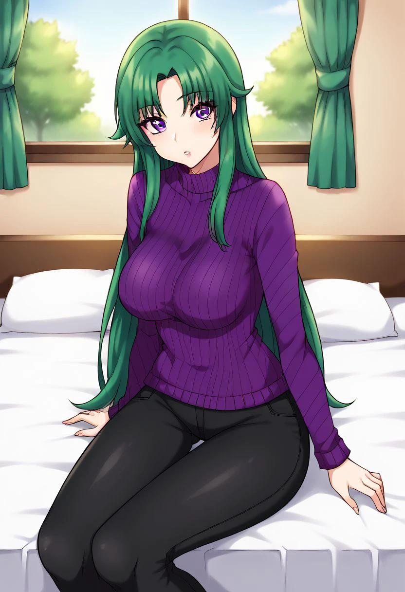 score_9, score_8_up, score_7_up, source_anime, source_cartoon, by idkn, 1girl, (kyoko, clothed:1.35), green hair, long hair, (purple eyes, perfect eyes), sweater, purple sweater, turtleneck, thigh gap, leggins, (black jeans:0.7), indoors, day, looking at viewer, bed, bedroom, on side, lying, arm support, parted lips, shiny, beautiful, breasts, large breasts, window, curtains, good_hands