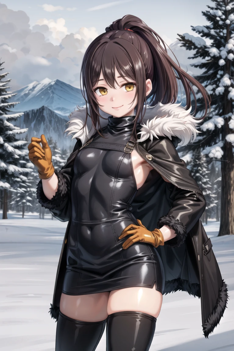 (masterpiece, best quality, beautiful and aesthetic:1.2), 1girl, solo,(soft skin:1.1),standing, cowboy shot,(detailed background), outside, snowstorm in the ice mountains, at dawn, winter clothes, (long overall coat:1.3), turtleneck sweater, (miniskirt:1.3), (long fur leggings:1.3),  (long leather boots:1.3), charming pose, seductive, smiling, yellow eyes, black hair, ponytail, (fur gloves:1.3),
<lora:sakuranbo-10:1.0:lbw=ALL>