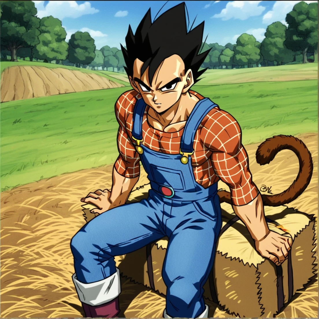 score_9, score_8_up, score_7_up, score_6_up, Detailed Background, BREAK
farm, outdoors, hay bale, barn
<lora:Tarble:0.8>, dbztarble, black hair, spiked hair, 1boy, black eyes, tail, saiyan:0.8, overalls, plaid shirt, solo
