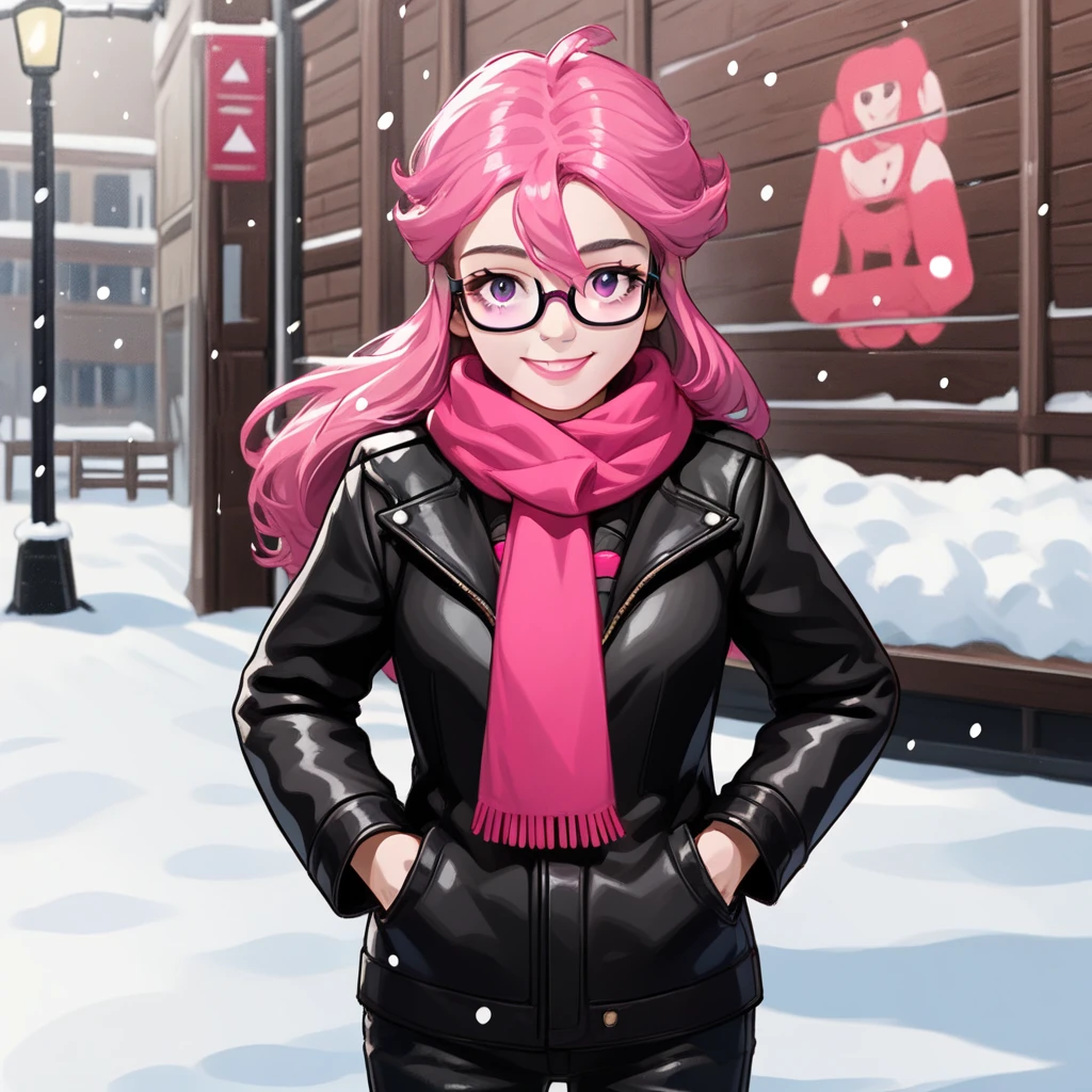 1girl, solo, pink hair, long hair, glasses, snow, snowing, outdoors, pink scarf, black jacket, smile, hands in pockets, pinlk pants