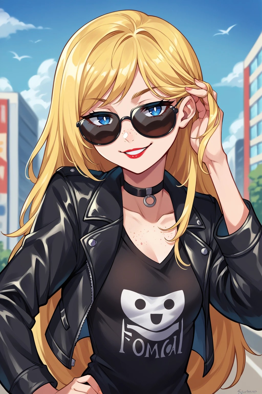 digital painting, score_9, score_8_up, 1girl, solo, <lora:NSMeiPortia:1> NSMeiPortia, long hair, freckles, blue eyes, lipstick, blonde hair, sunglasses, black t-shirt, leather jacket, black jacket, choker, sunglasses, hand in hair, hand on hips, city, smug, smile