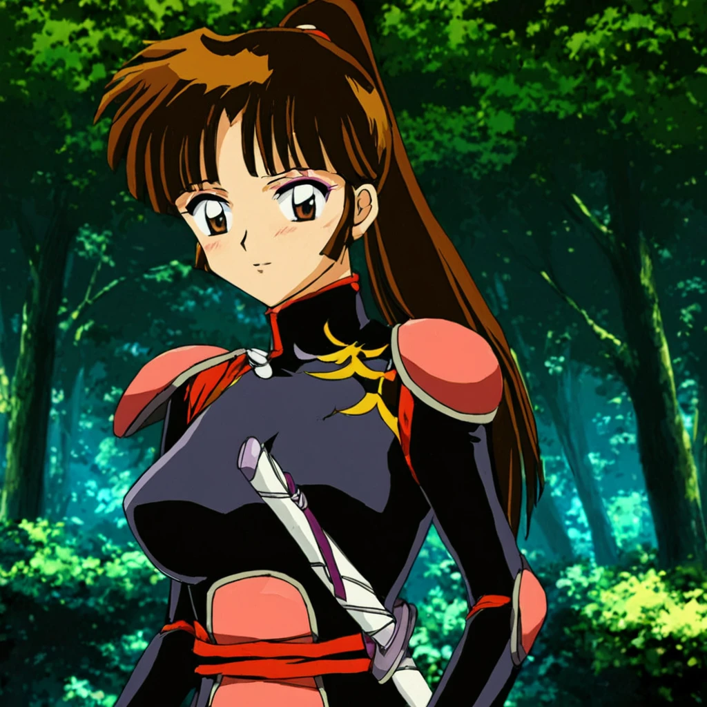 <lora:SangoA:1> 1girl, solo, long hair, ponytail, brown hair, brown eyes, bangs, makeup, nature, bodysuit, armor, sword, tree, looking at viewer, blushing, 1990s (style), retro artstyle, anime coloring