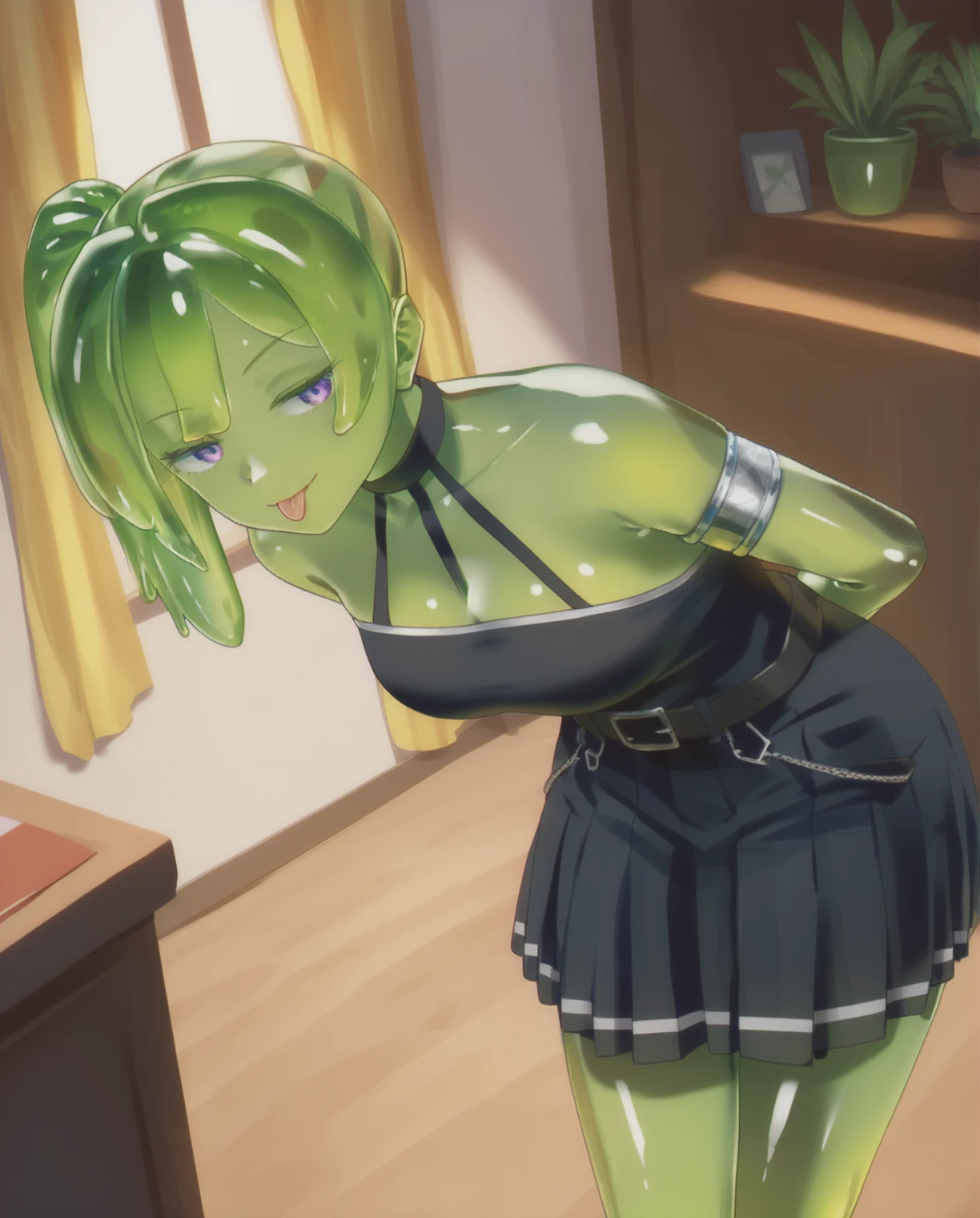 <lora:TruckKun_Style_Lora_V2:0.8>, score_9, score_8_up, score_7_up,
1girl, solo, looking at viewer, cowboy shot,
ubel, (half-closed eyes), BREAK halterneck, black choker, armlet, arm strap, bare shoulders, black gloves, single glove, black dress, sleeveless dress, pleated dress, black belt, calflet, thigh strap, black footwear, (thick), provocative, leaning forward, arms behind back, smirk, tongue, tongue out, <lora:ubel_ponyxl_v1:0.8>
<lora:wizardslimus:0.9>, wizardslimus, slime girl, (green skin color:1.5), slime skin, green hair, slime skin