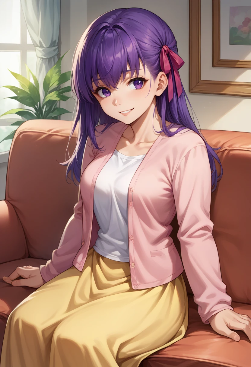 score_9, score_8_up, source_anime, SakuraCasual, purple hair, purple eyes, long hair, hair ribbon, pink cardigan, white shirt, yellow skirt, sitting, on sofa, smile, indoors, <lora:ChamSakuraMatouPonyXL:1>