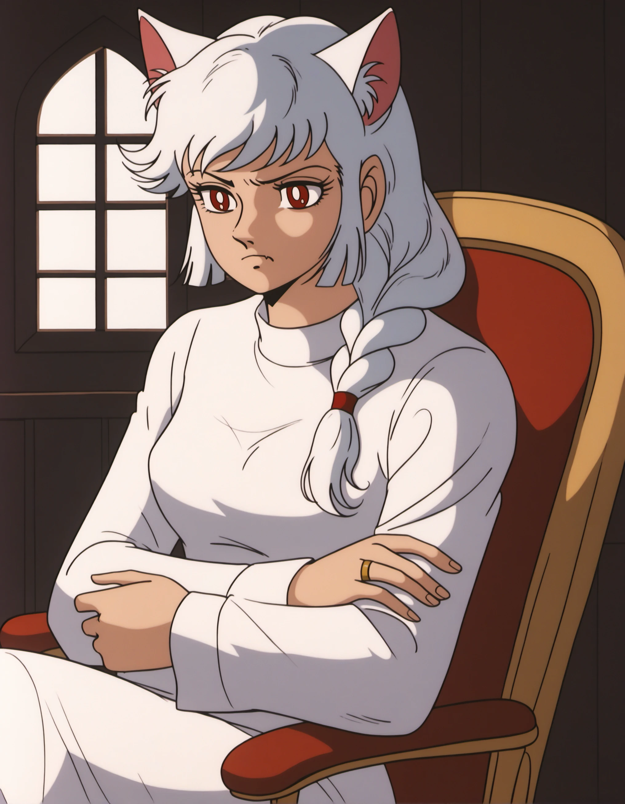 (CZTHZN:0.8), (score_9, score_8_up, score_7_up, score_6_up, source_anime:0.7), solo, 1girl, catgirl, red eyes, sleepy, (low-braided long hair:1.2), (white hair:1.2), white tunic, ring, chair, indoors, echoing caverns, reverberating echoes, hidden chambers, ancient echoes of the past, white animal ear fluff