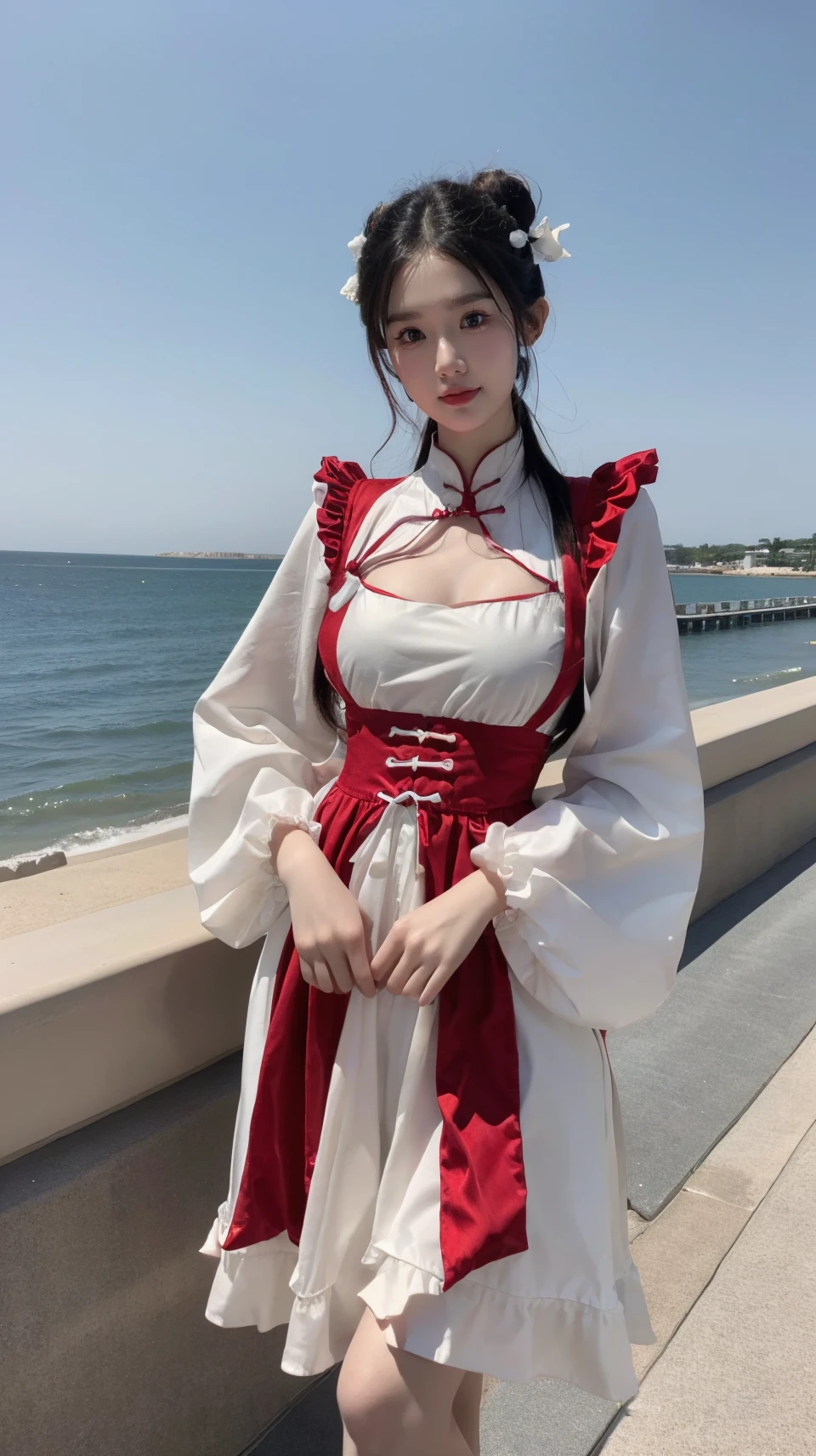 (masterpiece,best quality:1.2),bright colors,solo,photo_,(1girl:1.3),(standing:1.3),(looking at viewer:1.4),Elegant,detailed gorgeous face,(cowboy shot:1.1),realistic,(seaside background:1.2),,MIS,chinese clothes,cutout,double bun,long sleeves,hands on hips, <lora:MIS59:0.75>