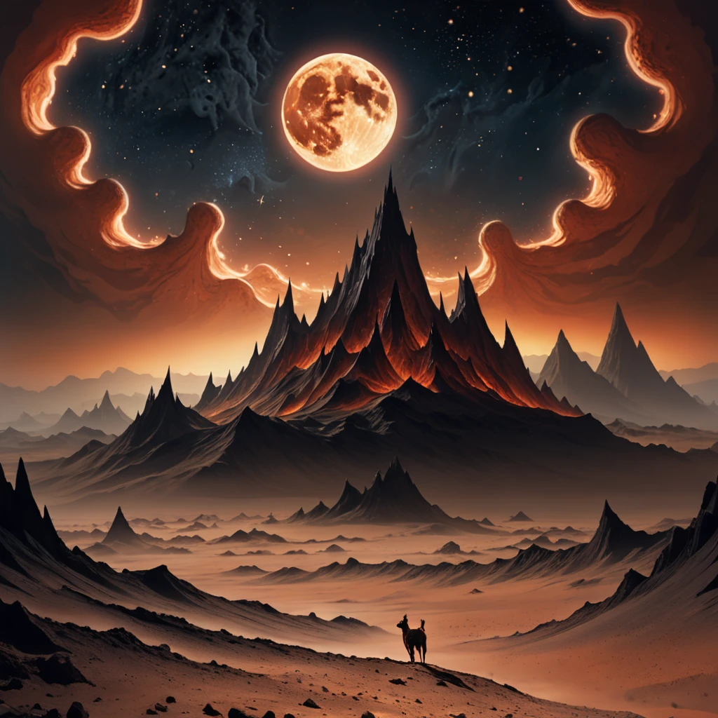 A surreal moonscape, where jagged peaks rise from a barren expanse of dust, and strange, otherworldly creatures prowl beneath a sky ablaze with stars."
masterpiece, absurdres, highres, insane quality