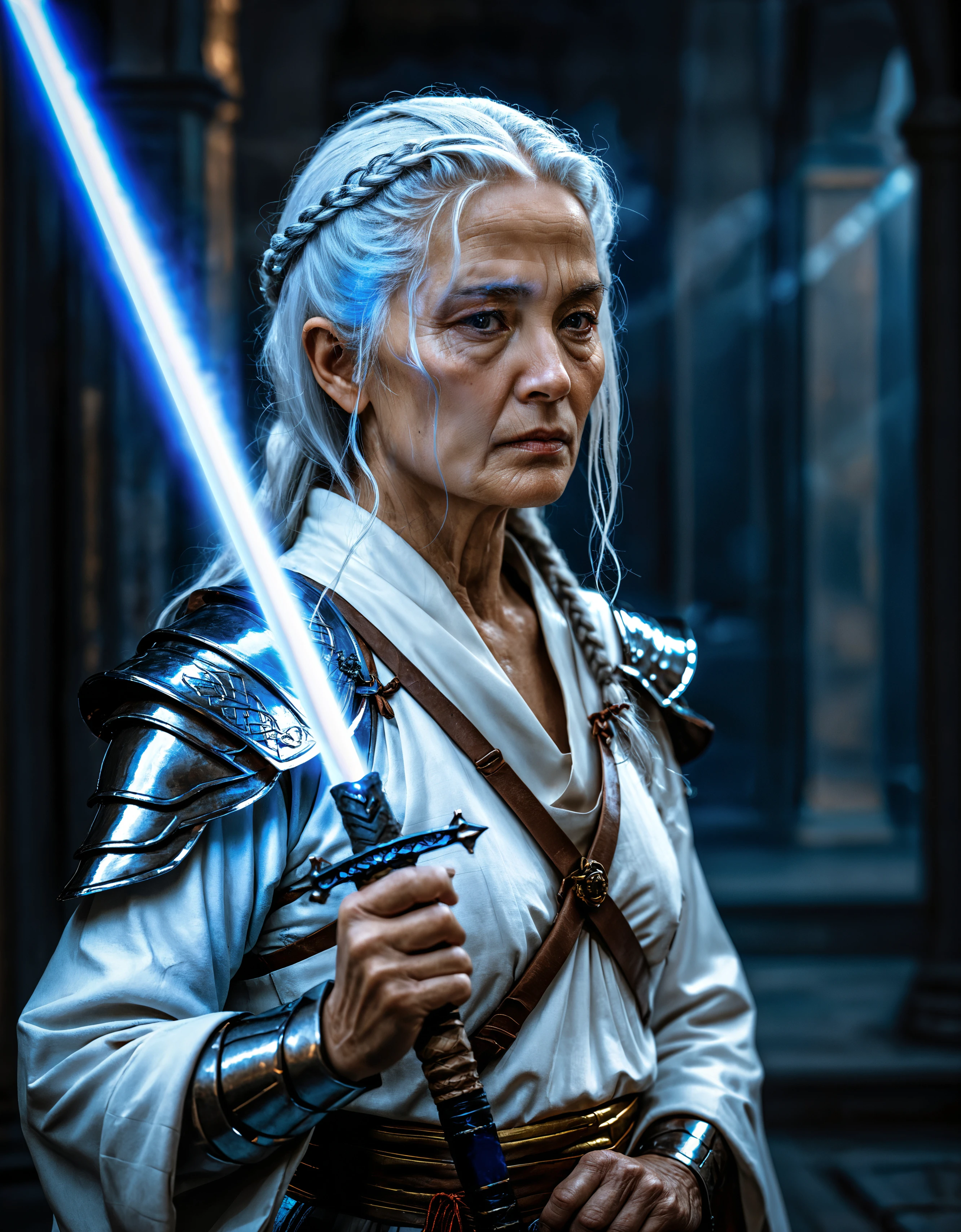 (zavy-ldprtrt), Cinematic shot of a old woman wearing a shiny white armor, beautiful hair, holding a blue glowing sword by the handle, blue thunder around, sword pointing up, heaven in background, reflective light, old knight,