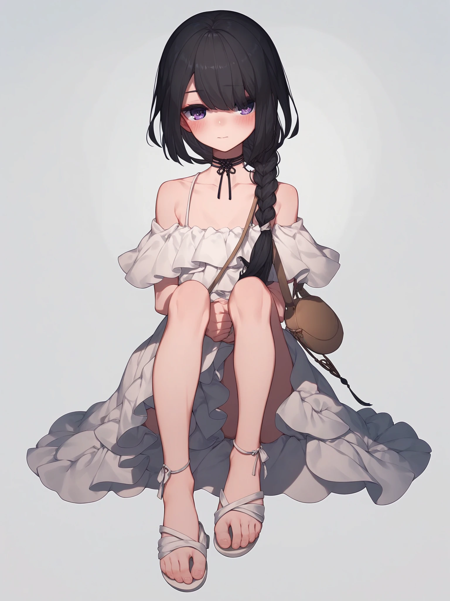 (score_9,score_8_up,score_7_up,),solo,white dress,off-shoulder dress,frilled dress,black hair,braid,white background,full body,purple eyes,long hair,white footwear,choker,bangs,standing,single braid,(blush:1.2),sandals,bare shoulders,closed mouth,virtual youtuber,black choker,braided ponytail,shoulder bag,ribbon choker,spaghetti strap,toes,<lora:MIKifn:0.9>,sitting,foot focus,simple background,(covering_eyes:1.1),
