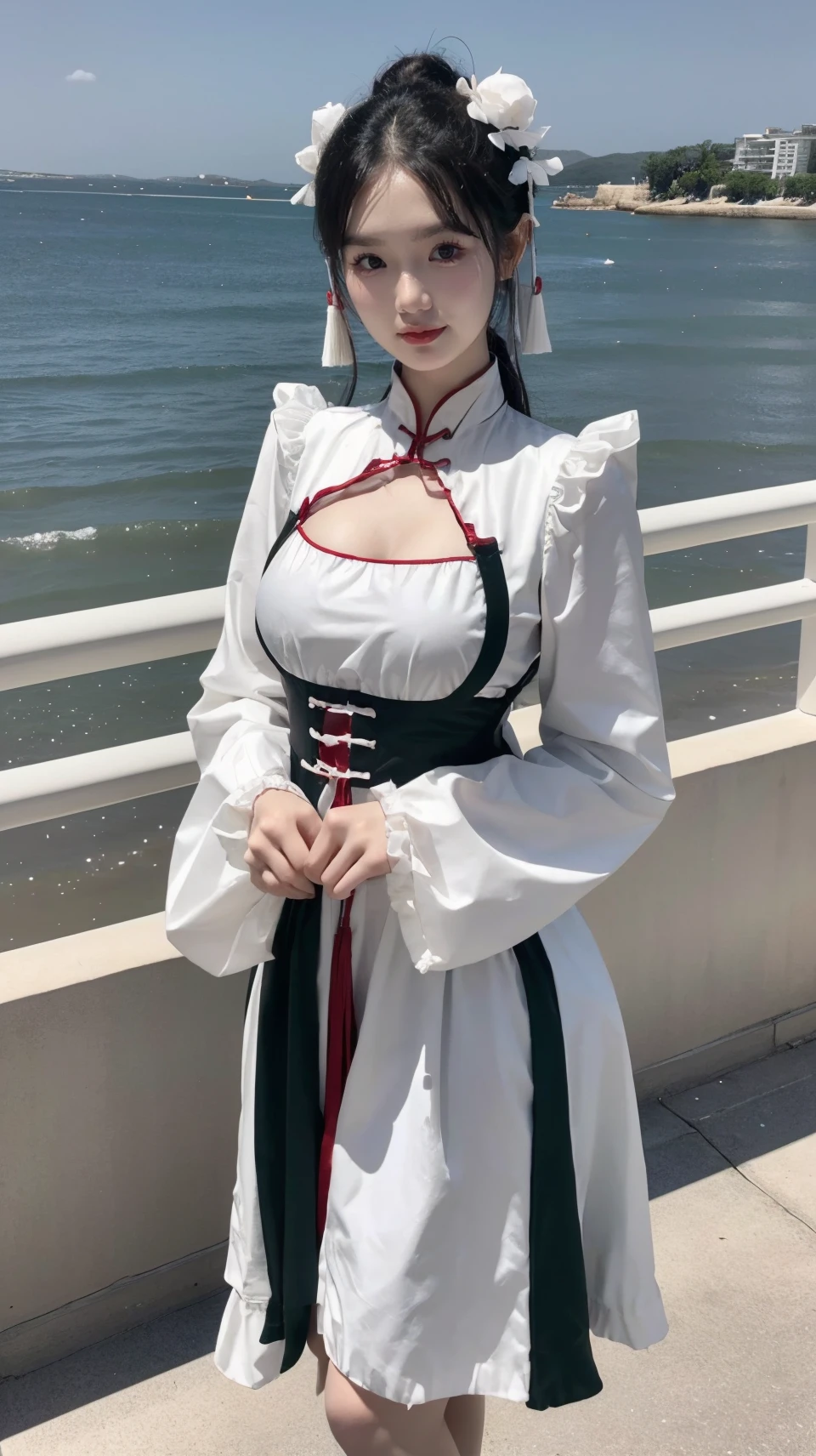 (masterpiece,best quality:1.2),bright colors,solo,photo_,(1girl:1.3),(standing:1.3),(looking at viewer:1.4),Elegant,detailed gorgeous face,(cowboy shot:1.1),realistic,(seaside background:1.2),,MIS,chinese clothes,cutout,double bun,long sleeves,<lora:MIS59:0.75>