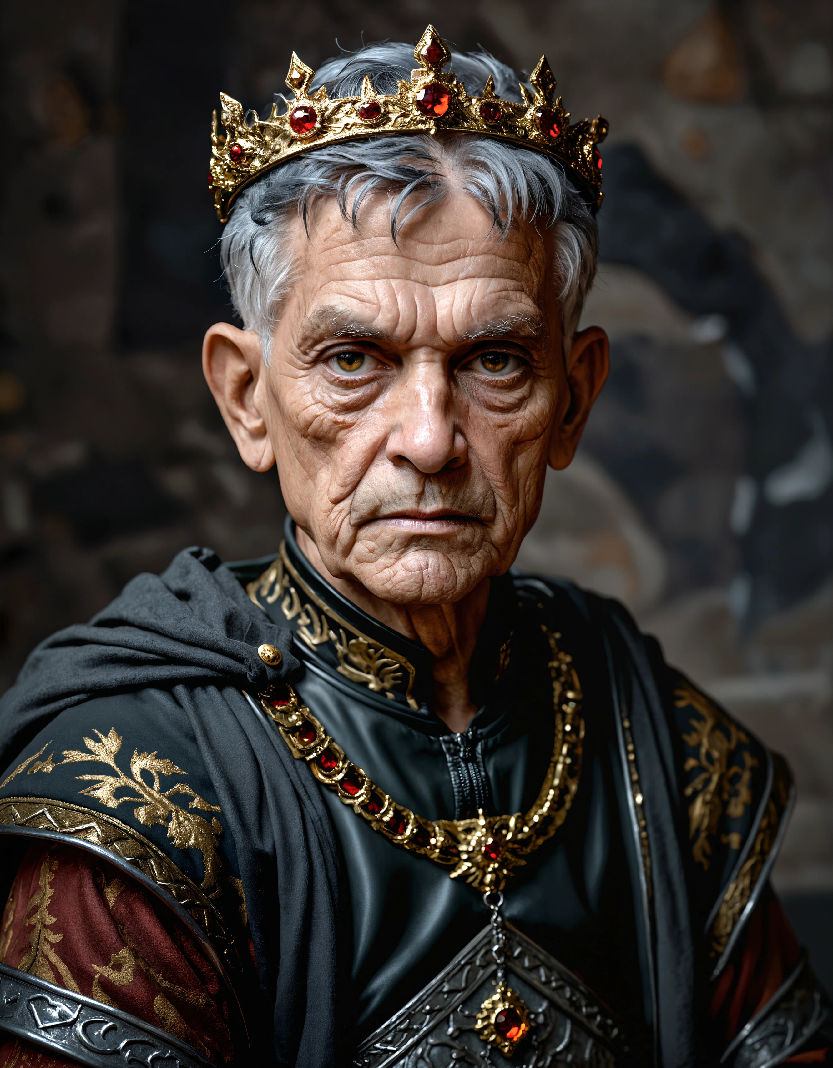 (zavy-ldprtrt), old man, full torso, diadem, tiara, royalty, king bust, crown, emo haircut, undercuthaircut, Photorealistic oil painting of (Handsome:1.1) (Sicilian) (Italian) (Catalan) (French) (bright green eyes) (half-dragon warrior-king:1.2) with (intricate metallic brass scales seamlessly meldedn0.9), 68-year-old, (black grey undercut short hair:1.1), (medieval fantasy clothing:1.2), grimdark fantasy, (medieval) fantasy, high fantasy, epic fantasy, (upper body:1.3) (medium shot:1.3) taken with (fujifilm xt3:1.1),