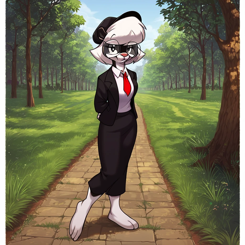 score_9, score_8_up, score_7_up, score_6_up, score_5_up, score_4_up, (Source furry), (rating safe), <lora:SabrinaSkunk:0.8>, sabrina skunk, outside, trees, grass, sidewalk, detailed background, skunk girl, two tone fur, glasses, furry female, white hair, short hair, wearing black cap, wearing black blazer, white t shirt, red necktie, smile, looking at viewer, full body, standing, hands behind back, bottomless,