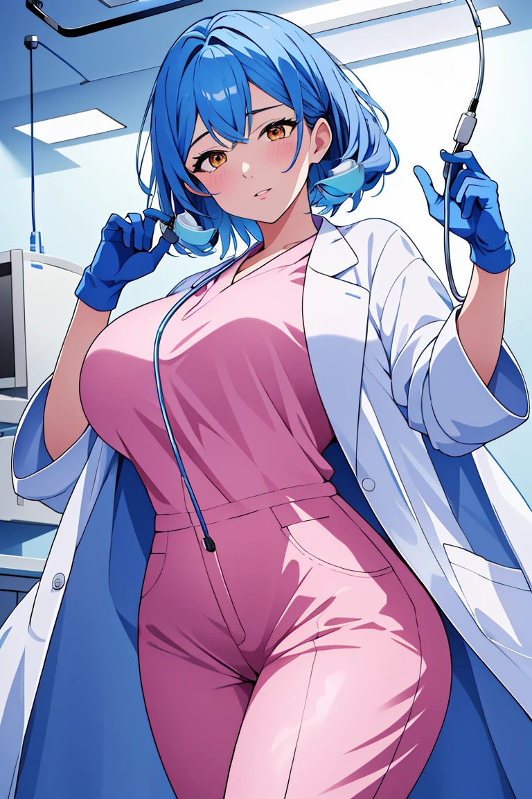 (RAW photo, best quality), operating room, overhead surgical light,blurred background, focused, dithering,backlighting,
 <lora:Mitsuwa_Shirai_V1.0-000005:0.58> mitsuwa shirai, 1girl, solo, mature female,blue hair,yellow eyes,
 <lora:brwn_doctor_uniform:0.8> bwn_doc_unif, blue gloves, pink shirt, labcoat, stethoscope,latex pants,