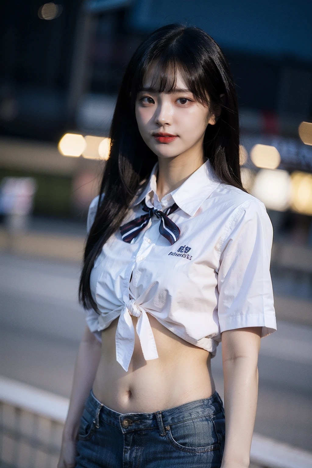 Best quality, masterpiece, ultra high res, (photorealistic), raw photo,1girl, skinny, cowboy shot,solo, realistic, looking at viewer, long hair, bokeh background, outdoors, collared shirt, tie, navel,  <lora:makina69_chodan_v1.2:1>