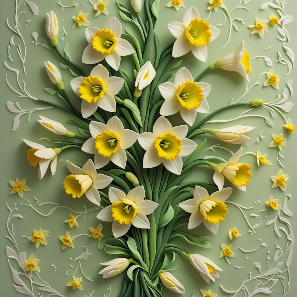 <lora:artfullyTREETTREET_SDXL_V1:1>, arttrttrt, a bridal cake decorated with fondant repeating patterns consisting of daffodils, sweet pea, and T. honeysuckle. the honeysuckle provides structure and the sweet pea provides texture and an aery quality to the wedding napkins and tissue paper. the narcissus is the focus flower and resembles a trumpet providing energy and cheer. Dense green leaves from the honeysuckle hide tubular white yellow flowers, tendrils emerge from the wedding invitation and announcement as the sweet pea climbs onto its neighbors. the narcissus is the focal point of the literature decorations and adds height and structure as well