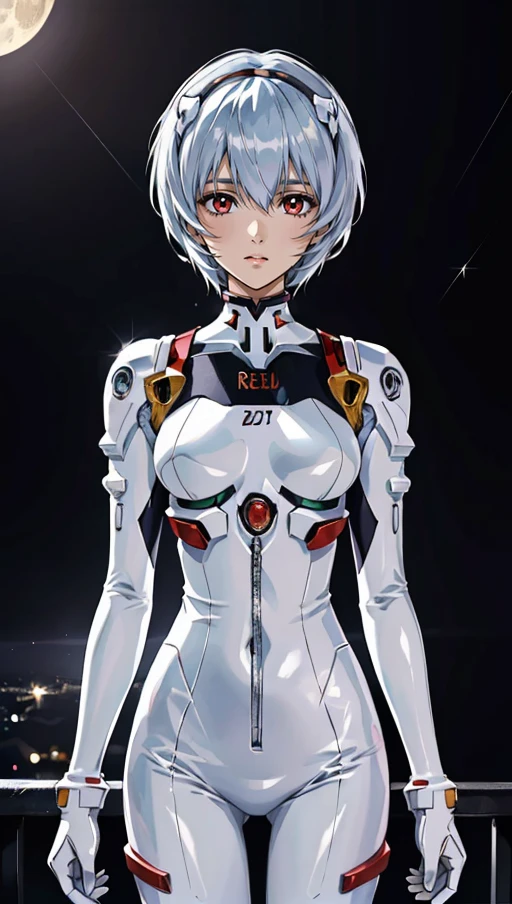 (best quality, masterpiece, highres:1.2), (Rei Ayanami), intense-red-eyes, in high detailed textured Evangelion white plugsuit, moonlight passing through light blue hair, (night beautiful background:1.3), (intricate details)