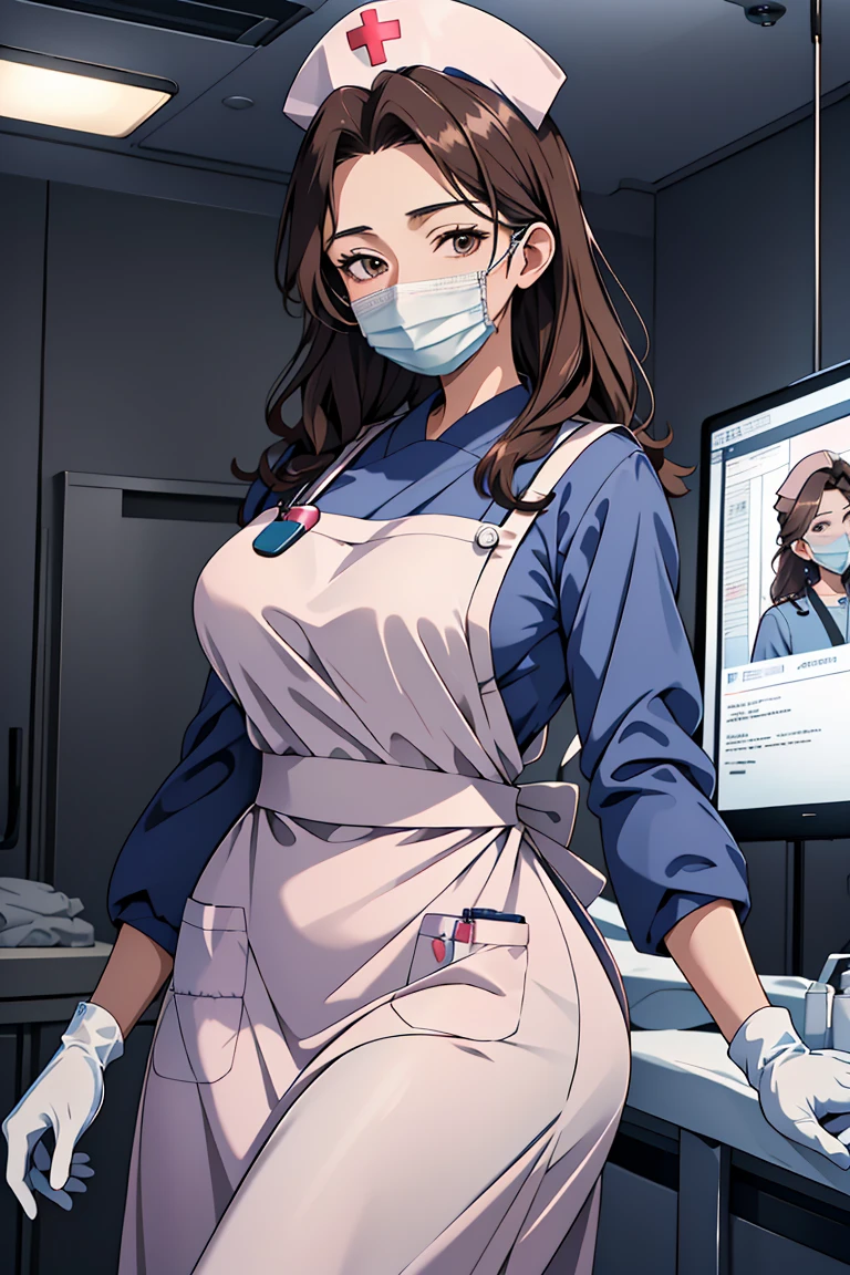 (RAW photo, best quality), operating room, overhead surgical light,blurred background, focused, dithering,backlighting,
 <lora:Reachel _Skalmon_V1.0-000005:0.58> reachel skalmon, 1girl, solo, mature female,brown hair, brown eyes,
  <lora:Long Apron Nurse v2:0.8> (nurse_long_apron, apron, nurse cap, surgical mask, latex gloves, long sleeves,long dress),