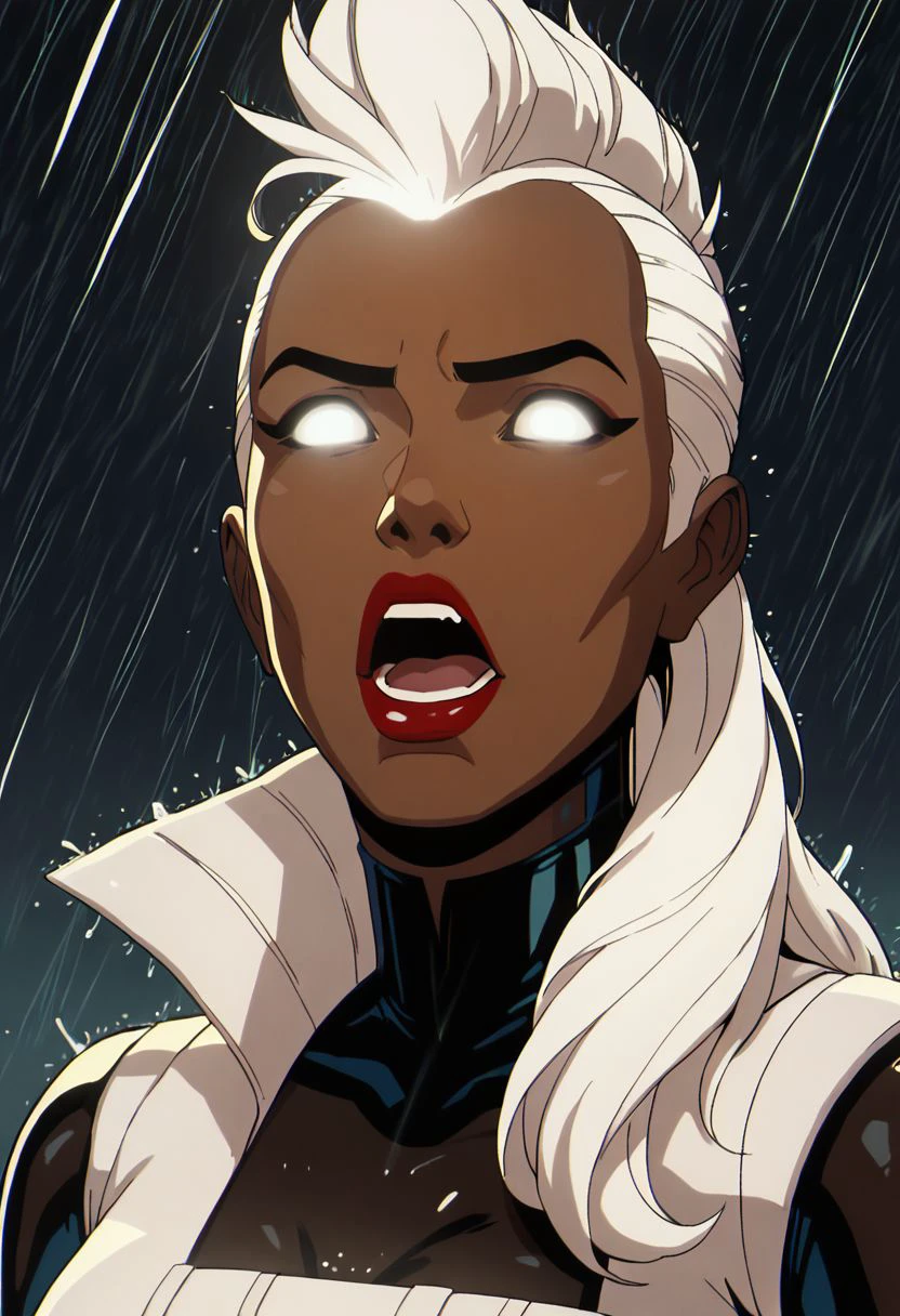 xmen97 style, 1girl, rain, lighting, solo, mohawk, glowing, eyes glow, open mouth, white eyes, long hair, white hair, makeup, dark skin, dark skinned female, white body suit, lipstick, red lips, anime coloring, flat color, cel shading, cel shaded, 2d, PonyXLV6_Scores zPDXL