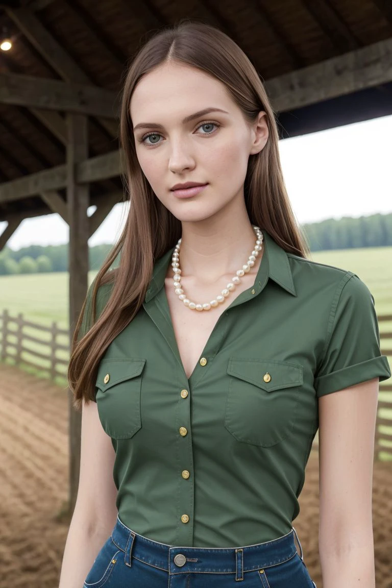 European woman, closeup, (shirt), pants, (farm with barn), pearl necklace , ZM_alessia, wide shoulders, perfect face, (contact iris: 1.1), pale skin, skin pores , depth of field