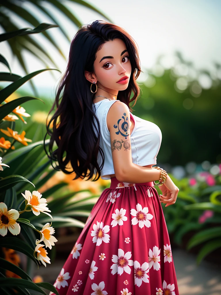 Realistic photo of a beautiful 4ny4s woman,1girl, solo, long hair, breasts, looking at viewer, skirt, shirt, black hair, brown eyes, jewelry, white shirt, earrings, sleeveless, solo focus, dark skin, necklace, blurry, bracelet, dark-skinned female, lips, tattoo, depth of field, blurry background, floral print, long skirt, realistic, professional Photography, Photorealistic, detailed, RAW, analog, sharp focus, high quality, film grain, masterpiece<lora:4ny4s:1.0>