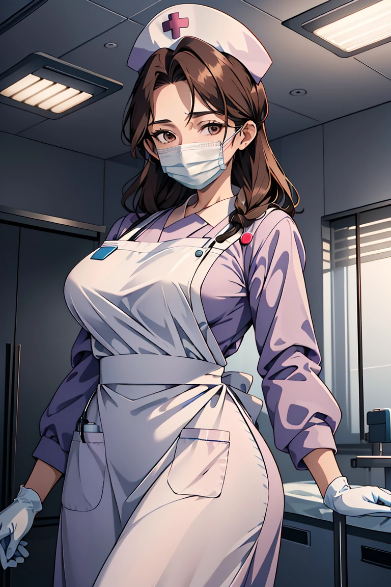 (RAW photo, best quality), operating room, overhead surgical light,blurred background, focused, dithering,backlighting,
 <lora:Reachel _Skalmon_V1.0-000005:0.58> reachel skalmon, 1girl, solo, mature female,brown hair, brown eyes,
  <lora:Long Apron Nurse v2:0.8> (nurse_long_apron, apron, nurse cap, surgical mask, latex gloves, long sleeves,long dress),