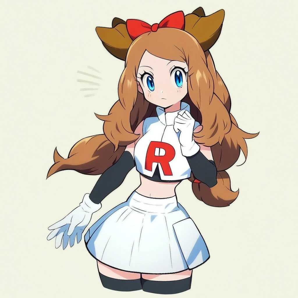 score_9, score_8_up, score_8, cute, eyelashes,  (curvy), solo, detailed, eyes,  serena, long hair, blue eyes, brown hair, Cosplay_TeamRocket, team rocket uniform, white jacket, cropped jacket, white skirt, elbow gloves, black thighhighs, zettai ryouiki,