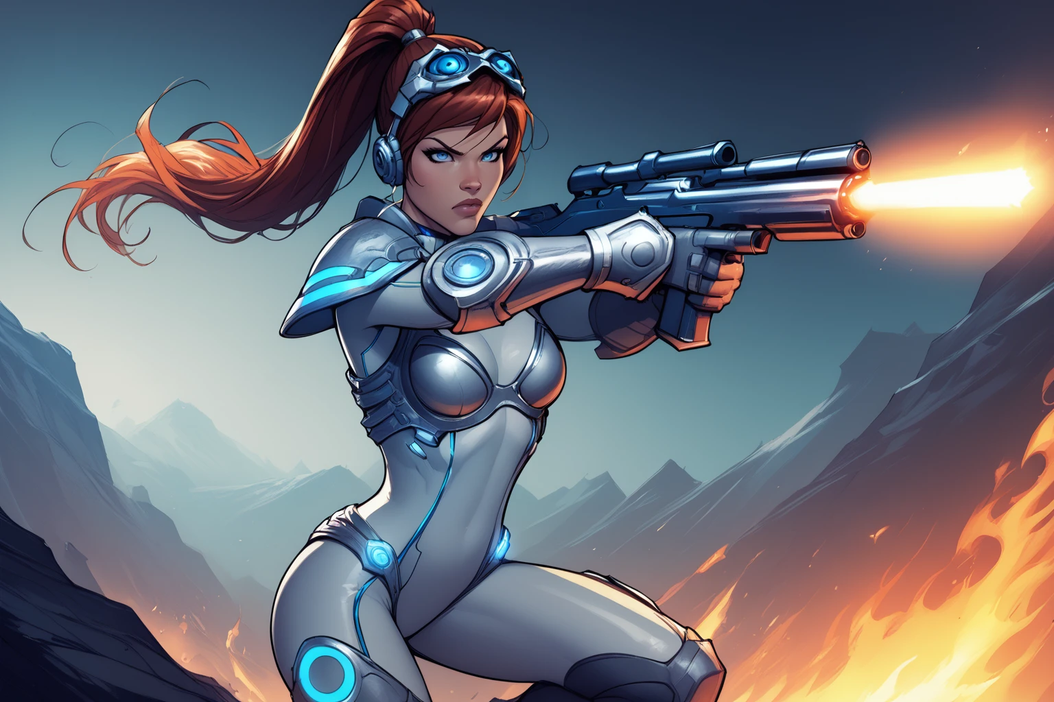 score_9, score_8_up, score_7_up, masterpiece, high quality
 <lora:Sarah KerriganPonyLora:0.8>long hair, srahkrrign, ponytail, shoulder armor, bodysuit, goggles on head, headphones, gloves, skin tight, bracer,  neon trim, glowing, holding rifle, jumping backwards, indoors
 <lora:Michael TurnerStylePonyLyco:1> mtms, firing, angry, in a dark corridor, scifi setting, fire