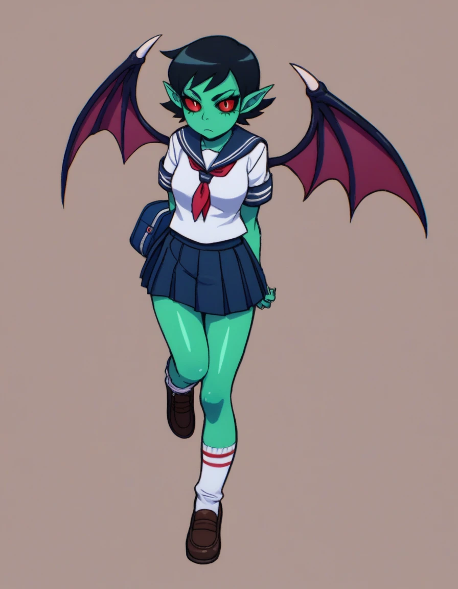 zPDXL, score_9, score_8_up, score_7_up, source_anime, BREAK
1girl, solo, <lora:ScottP2-14:0.8> DeHipChick, colored sclera, demon wings, blue skin, green skin, black hair, red eyes, wings, pointy ears, colored skin, demon girl, bat wings, monster girl, school uniform, white socks, black shoes, serafuku,