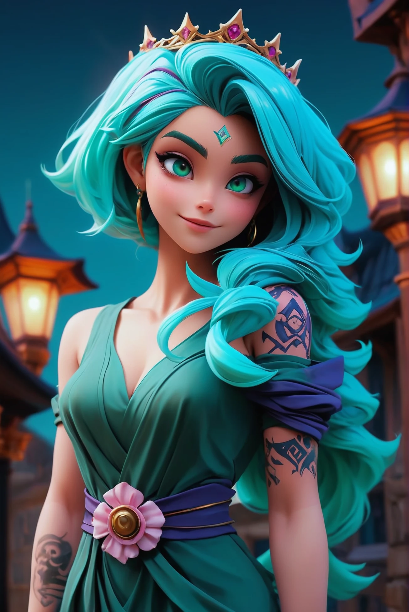 cgi, anime style, 1girl, woman, malevolent goddess, (flowing dress:1.3),(intricate tattoos:1),(huge opulent crown:1.3), bombshell hair, indigo and sea green hair with purple highlights, Razor Cut, light coral clothes, toned hourglass figure, caucasian,wonderous fantasy hamlet outside of the multiverse<lora:EnvyStarlight2.5D01:1>
