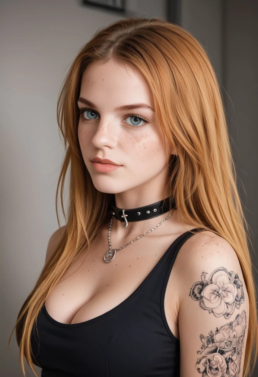 Upper body of a gothic girl, Bestface1, Bestbody1, 
 wearing black, ginger hair with bangs,  long hair,  blonde hair, storm clouds, whimsical charm, ethereal glow, (freckles on face), tack sharp focus on eyes, large breast, 
wearing a sleevless shirt,  unblemished skin, pore correlation, (((colorful tattoos))), necklace,collar,chain,
hyperdetailed,epiCRealism, vibrant color,amazing quality, masterpiece, best quality, hyper detailed, ultra realistic lighting, UHD, soft shadows, high Dynamic,alluring, seductive,  dark dreams, from side,SkinHairDetail,posing, Freckles, Natural skin, Beuty , 1dk, portrait, d3t41l3d