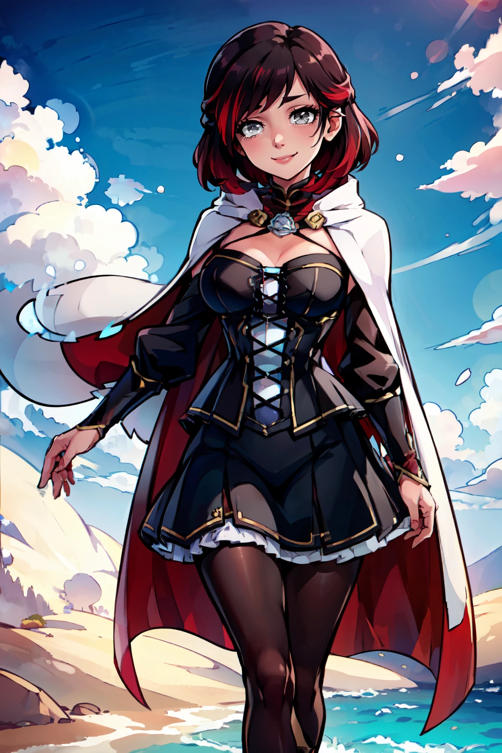 ((masterpiece,best quality)), absurdres, <lora:SummerRoseRWBY:0.8>,   zzSummer,   short hair, multicolored hair, red hair, black hair, gray eyes,   dress, white cape, corset, pantyhose, boots,  solo, smile, looking at viewer,