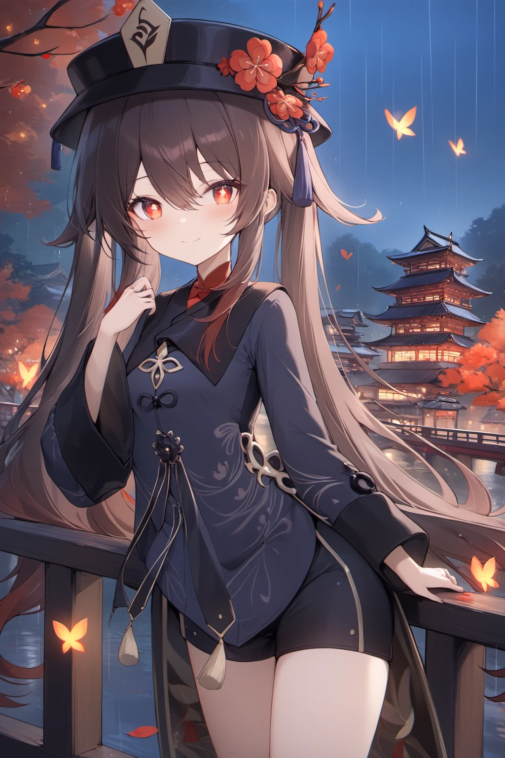 hutao,1girl, solo, hat, smile, red eyes, shorts, brown hair, (portrait),long hair, long sleeves,CLOSE-UP, symbol-shaped pupils, twintails,  looking at viewer,  hat flower, flower,  black headwear, very long hair,multicolored hair, shirt, hair between eyes, standing, tassel, plum blossoms, gradient hair, bangs,  flower-shaped pupils,night, in  autumn,1girl, bangs, outdoors, long sleeves, closed mouth, wide sleeves, sash,  bridge, blue kimono, east asian architecture, hand up, blush, water, obi, architecture, petals, butterfly hair ornament,standing, tree,  railing, very long hair, rain, <lora:hutaoXL-000003:1>,, (best quality), ((masterpiece)), (highres), (an extremely delicate and beautiful),